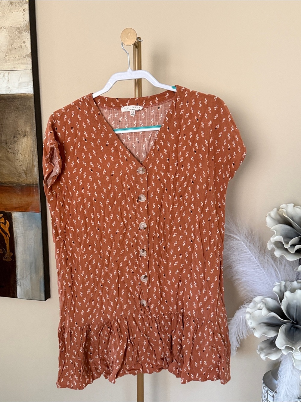 Final Touch Rust Floral Button-Front Mini Dress
